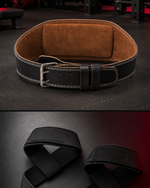 KIT GYM Forge: cinturón acolchado con hebilla de rodillo y par de straps de nylon industrial